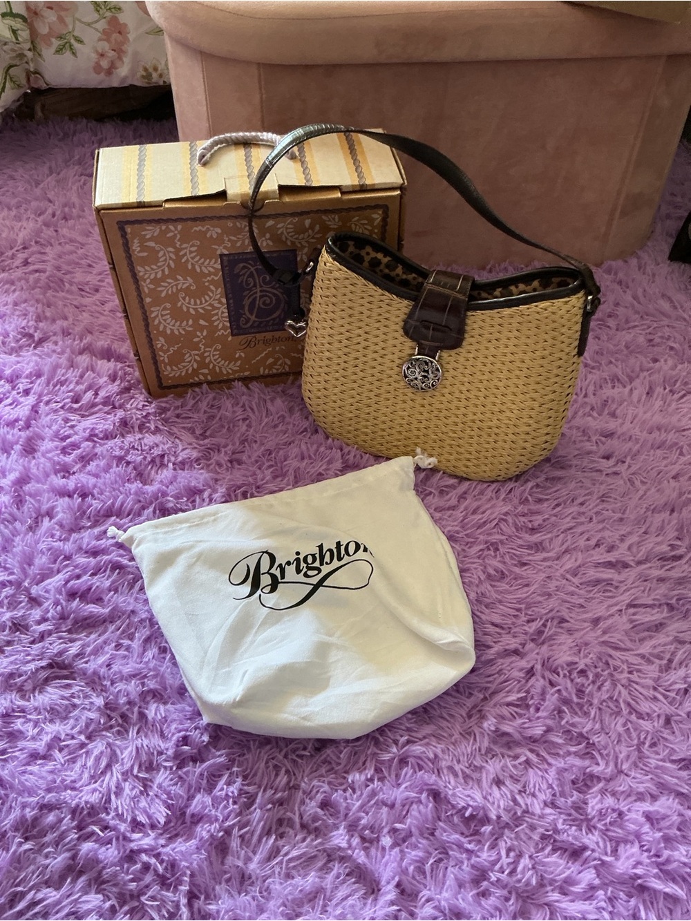 Brighton Natural Woven Shoulder Bag with Brown Trim - Picture 1 of 15